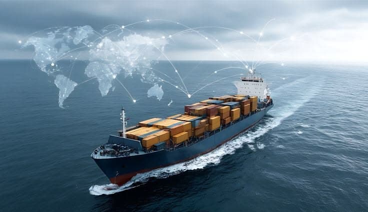 Cargo vessel sailing with global trade route coordinates