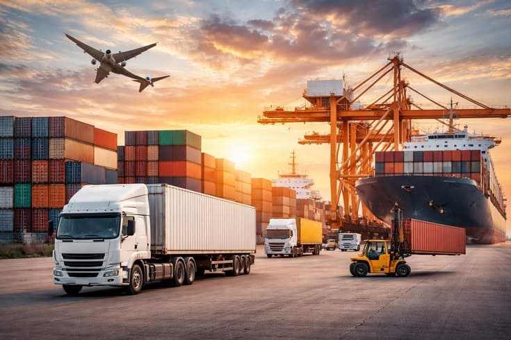 Intermodal freight logistics — container vessel, cargo trucks, and air transport at port terminal